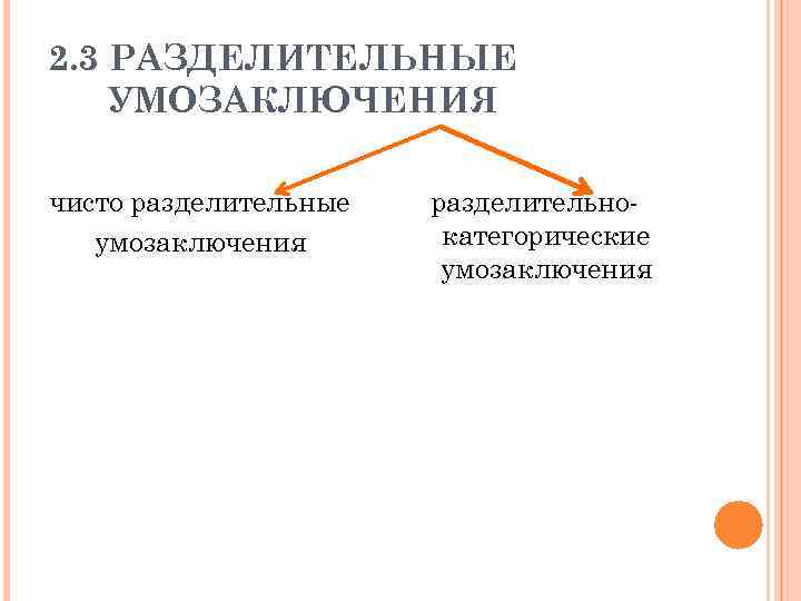 2. 3 РАЗДЕЛИТЕЛЬНЫЕ УМОЗАКЛЮЧЕНИЯ чисто разделительные умозаключения разделительнокатегорические умозаключения 