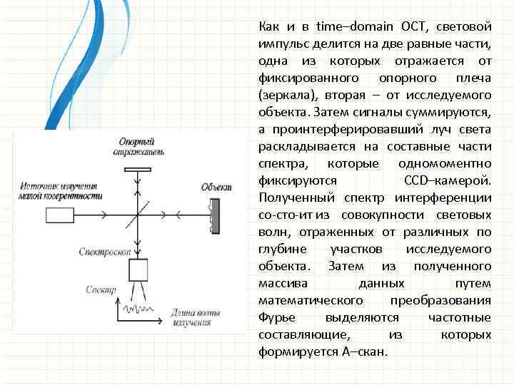Как и в time–domain OCT, световой импульс делится на две равные части, одна из