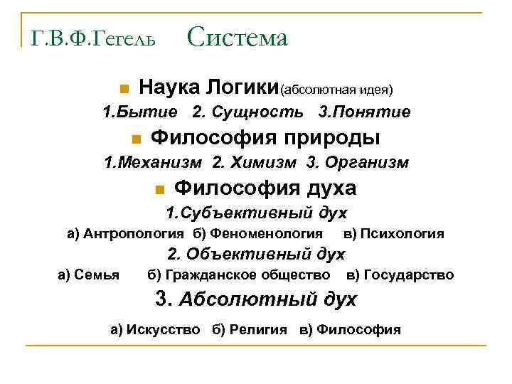 Система Г. В. Ф. Гегель n Наука Логики(абсолютная идея) 1. Бытие 2. Сущность 3.