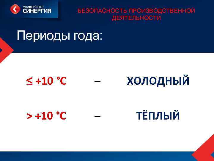 БЕЗОПАСНОСТЬ ПРОИЗВОДСТВЕННОЙ ДЕЯТЕЛЬНОСТИ Периоды года: +10 °С – ХОЛОДНЫЙ > +10 °С – ТЁПЛЫЙ