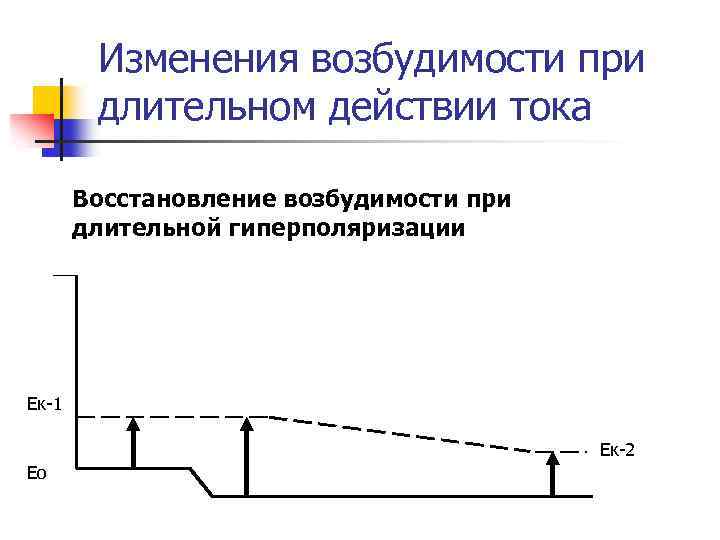 Изменения возбудимости при длительном действии тока Восстановление возбудимости при длительной гиперполяризации Ек-1 Ек-2 Ео