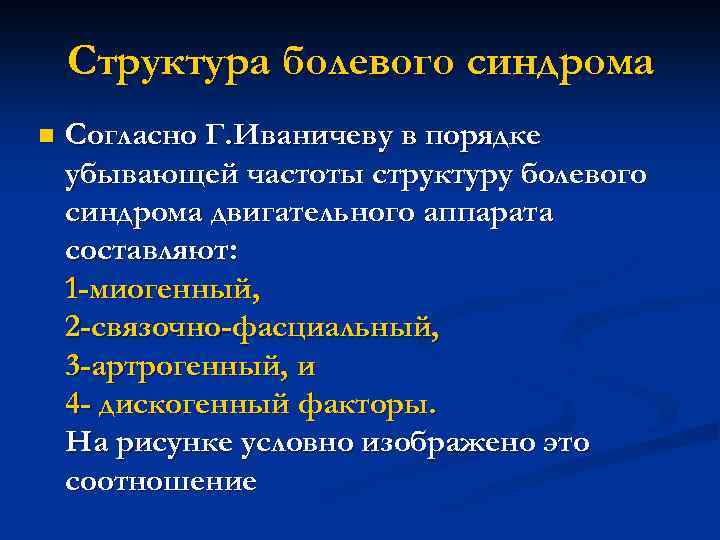 Cтруктура болевого синдрома n Согласно Г. Иваничеву в порядке убывающей частоты структуру болевого синдрома