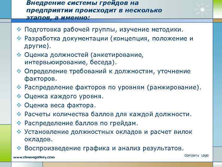 Внедрение системы грейдов на предприятии происходит в несколько этапов, а именно: v Подготовка рабочей