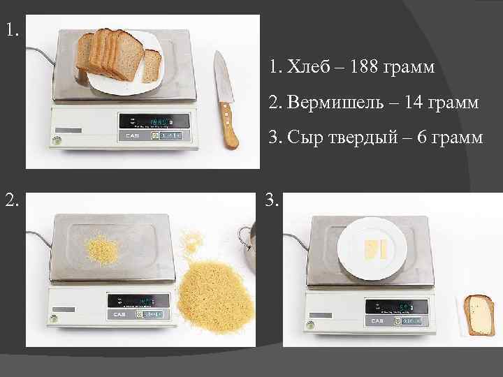 1. 1. Хлеб – 188 грамм 2. Вермишель – 14 грамм 3. Сыр твердый