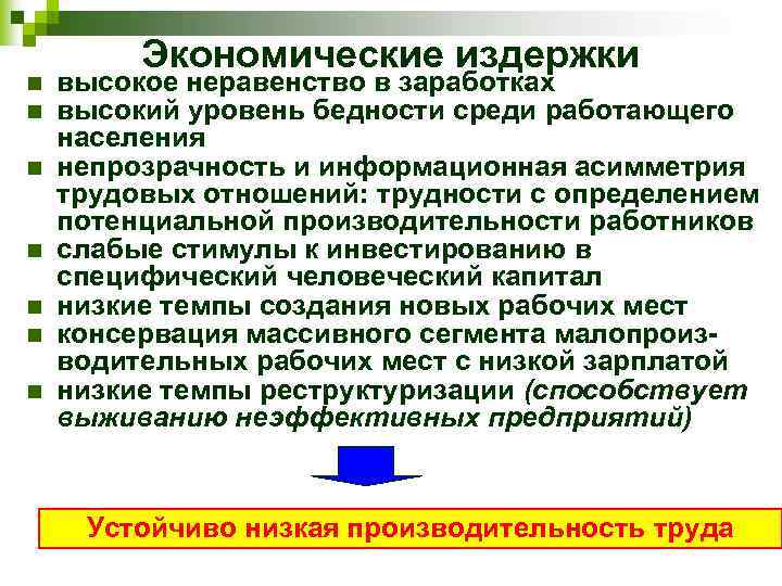 n n n n Экономические издержки высокое неравенство в заработках высокий уровень бедности среди