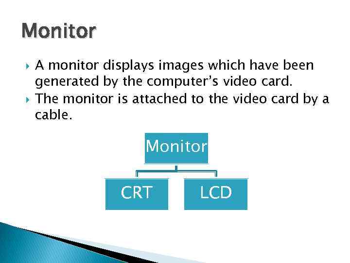 Monitor A monitor displays images which have been generated by the computer’s video card.