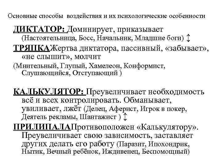 Основные способы воздействия и их психологические особенности ДИКТАТОР: Доминирует, приказывает (Настоятельница, Босс, Начальник, Младшие