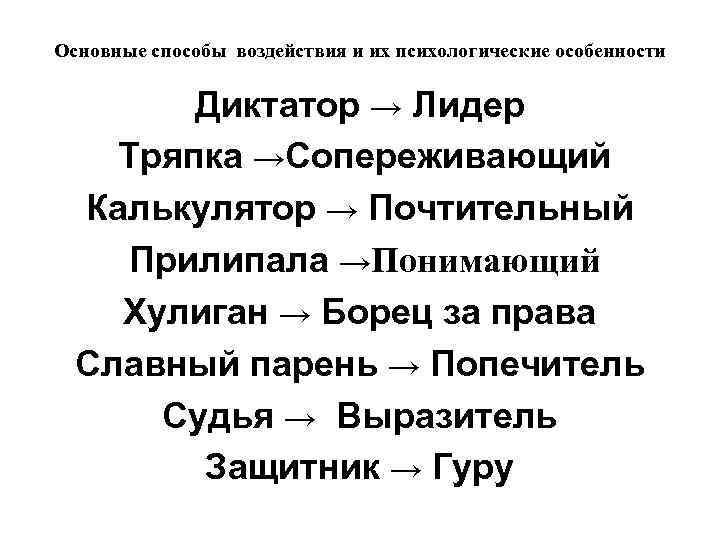 Основные способы воздействия и их психологические особенности Диктатор → Лидер Тряпка →Сопереживающий Калькулятор →