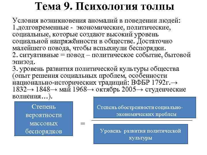 Тема 9. Психология толпы Условия возникновения аномалий в поведении людей: 1. долговременные - экономические,