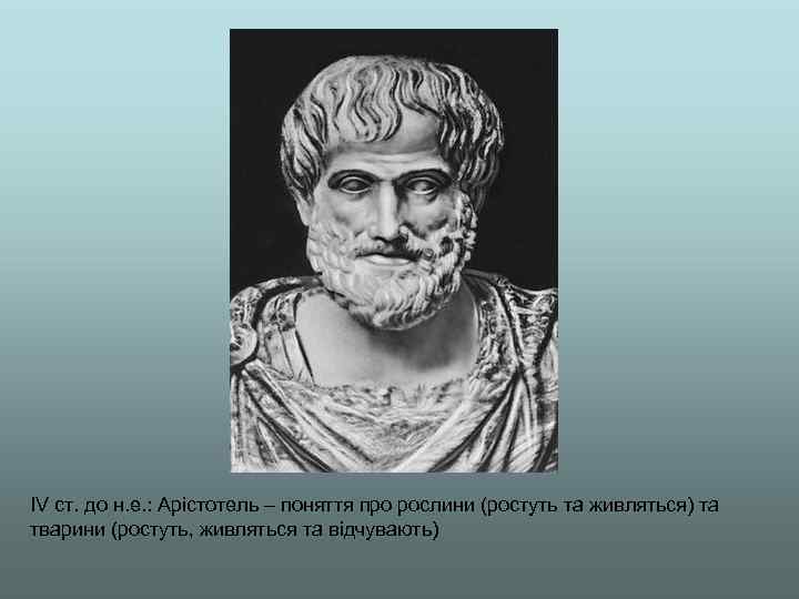 IV ст. до н. е. : Арістотель – поняття про рослини (ростуть та живляться)
