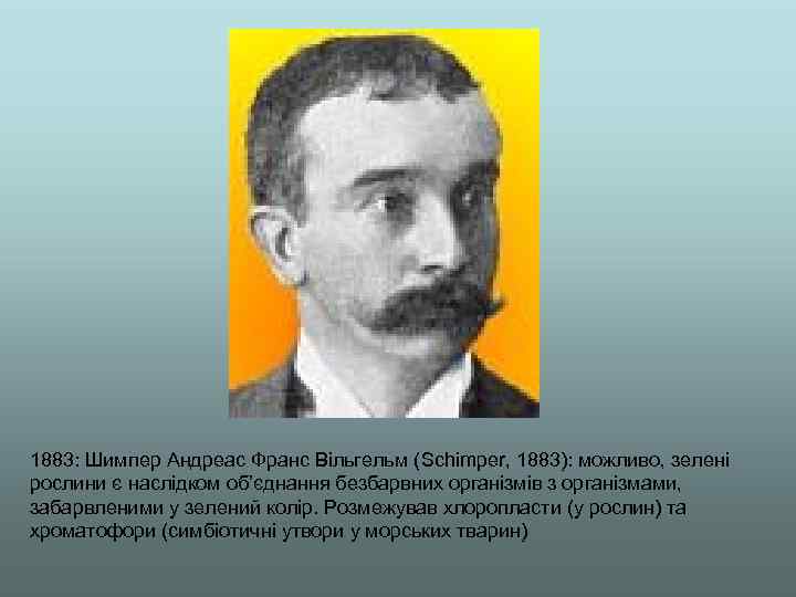1883: Шимпер Андреас Франс Вільгельм (Schimper, 1883): можливо, зелені рослини є наслідком об’єднання безбарвних