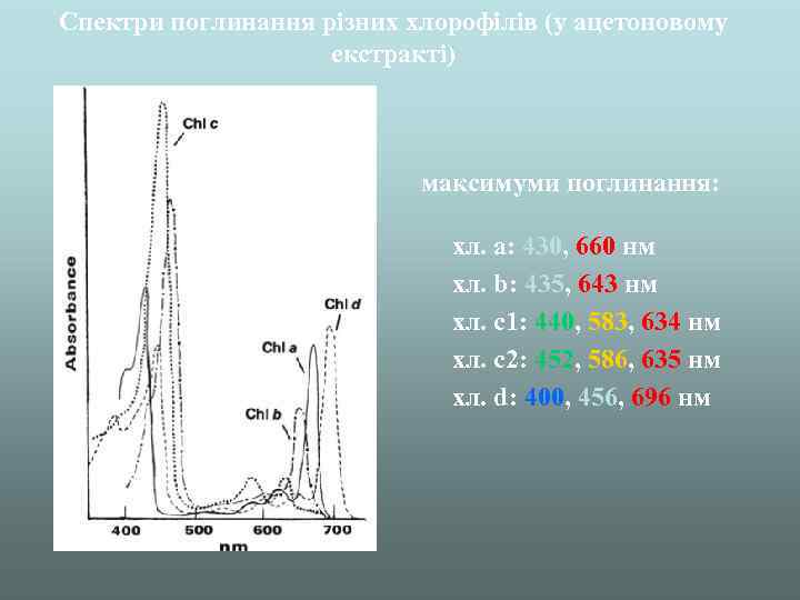 Спектри поглинання різних хлорофілів (у ацетоновому екстракті) максимуми поглинання: хл. а: 430, 660 нм