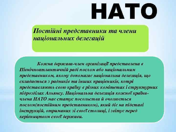 НАТО Постійні представники та члени національних делегацій Кожна держава-член організації представлена в Північноатлантичній раді