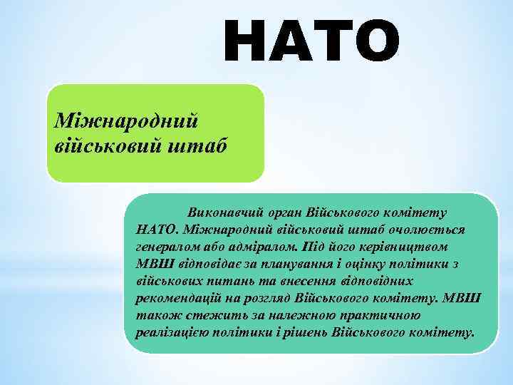 НАТО Міжнародний військовий штаб Виконавчий орган Військового комітету НАТО. Міжнародний військовий штаб очолюється генералом