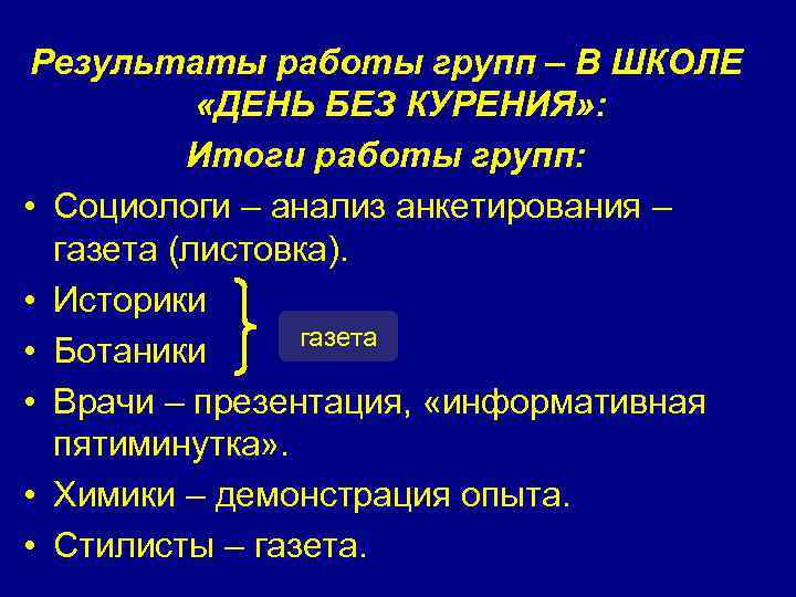 Результаты работы групп – В ШКОЛЕ «ДЕНЬ БЕЗ КУРЕНИЯ» : Итоги работы групп: •