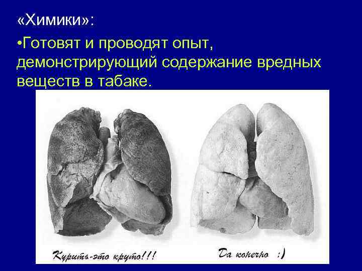  «Химики» : • Готовят и проводят опыт, демонстрирующий содержание вредных веществ в табаке.