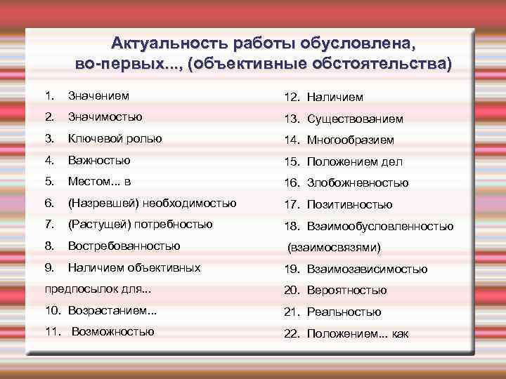 Актуальность работы обусловлена, во-первых. . . , (объективные обстоятельства) 1. Значением 12. Наличием 2.