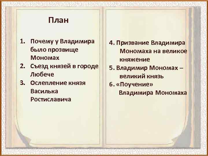 План 1. Почему у Владимира было прозвище Мономах 2. Съезд князей в городе Любече