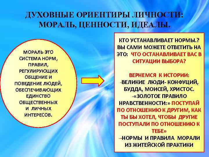 ДУХОВНЫЕ ОРИЕНТИРЫ ЛИЧНОСТИ: МОРАЛЬ, ЦЕННОСТИ, ИДЕАЛЫ. МОРАЛЬ ЭТО СИСТЕМА НОРМ, ПРАВИЛ, РЕГУЛИРУЮЩИХ ОБЩЕНИЕ И