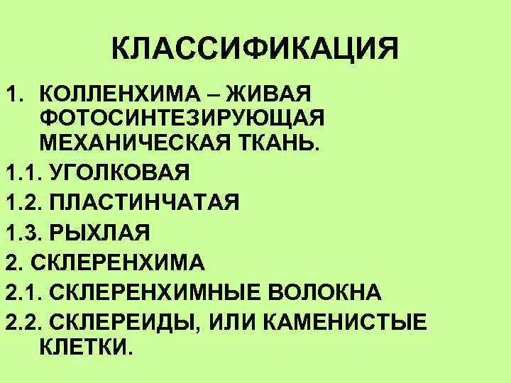КЛАССИФИКАЦИЯ 1. КОЛЛЕНХИМА – ЖИВАЯ ФОТОСИНТЕЗИРУЮЩАЯ МЕХАНИЧЕСКАЯ ТКАНЬ. 1. 1. УГОЛКОВАЯ 1. 2. ПЛАСТИНЧАТАЯ