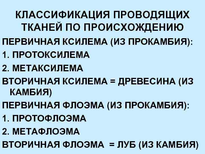 КЛАССИФИКАЦИЯ ПРОВОДЯЩИХ ТКАНЕЙ ПО ПРОИСХОЖДЕНИЮ ПЕРВИЧНАЯ КСИЛЕМА (ИЗ ПРОКАМБИЯ): 1. ПРОТОКСИЛЕМА 2. МЕТАКСИЛЕМА ВТОРИЧНАЯ