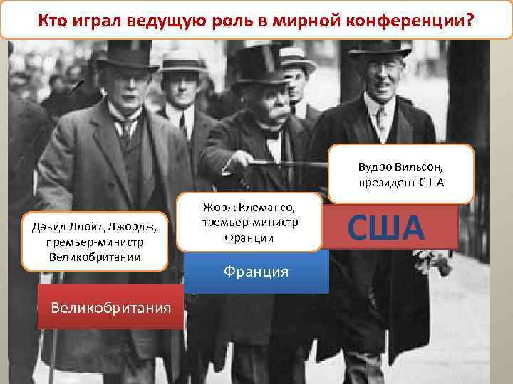 Кто играл ведущую роль в мирной конференции? Вудро Вильсон, президент США Дэвид Ллойд Джордж,