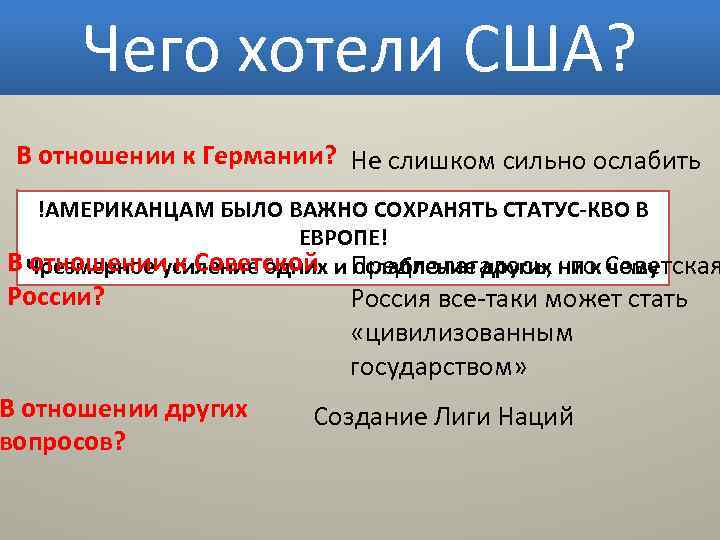 Чего хотели США? В отношении к Германии? Не слишком сильно ослабить !АМЕРИКАНЦАМ БЫЛО ВАЖНО