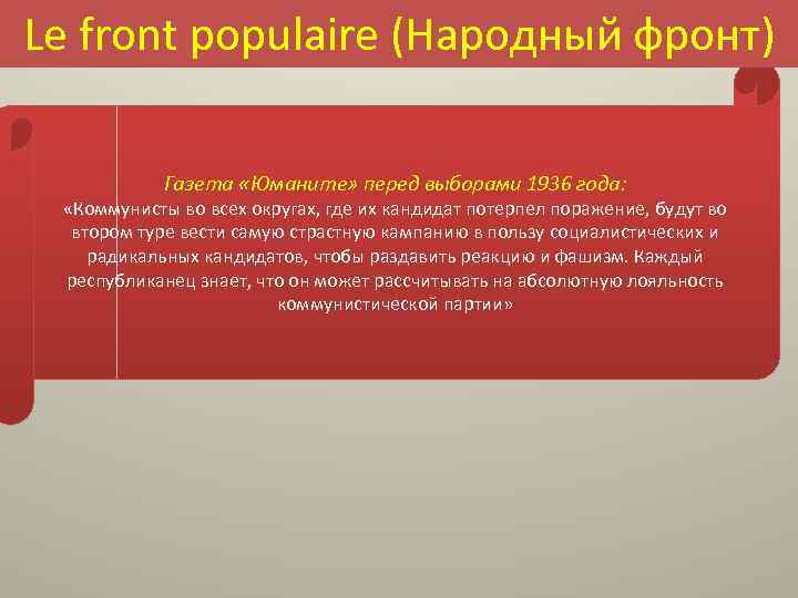 Le front populaire (Народный фронт) Газета «Юманите» перед выборами 1936 года: «Коммунисты во всех