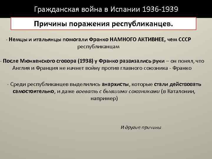 Гражданская война в Испании 1936 -1939 Причины поражения республиканцев. - Немцы и итальянцы помогали