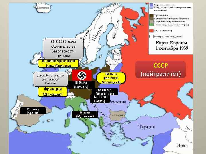 31. 3. 1939 дала обязательства безопасности Польше Великобритания (Чемберлен) дала обязательства безопасности Польше Франция