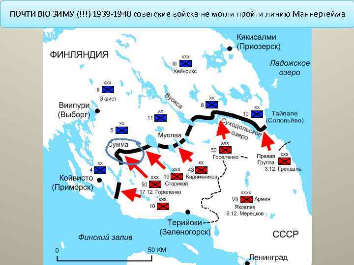 ПОЧТИ ВЮ ЗИМУ (!!!) 1939 -1940 советские войска не могли пройти линию Маннергейма 