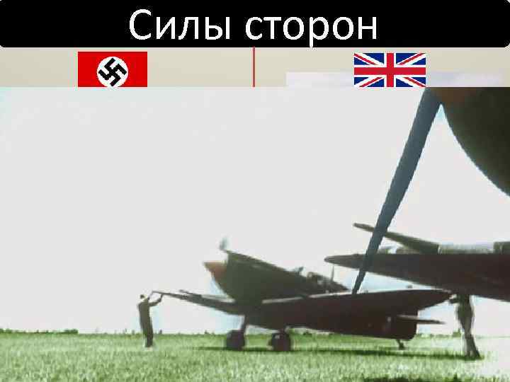 Силы сторон КОЛИЧЕСТВО КАЧЕСТВО Мессершмитт Bf. 109 истребитель, истребительбомбардировщик Хоукер Харрикейн истребитель, истребительбомбардировщик Мессершмитт