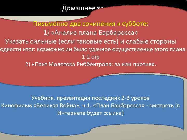 Домашнее задание Письменно два сочинения к субботе: 1) «Анализ плана Барбаросса» Указать сильные (если