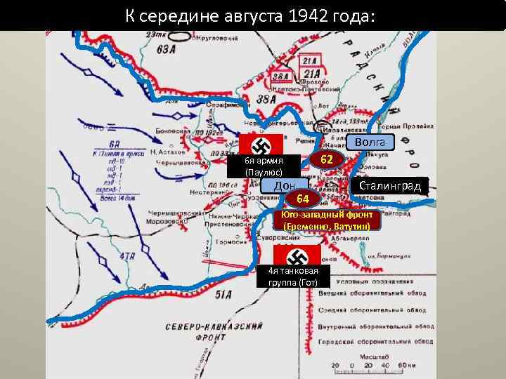 К середине августа 1942 года: Волга 62 6 я армия (Паулюс) Дон 64 Сталинград