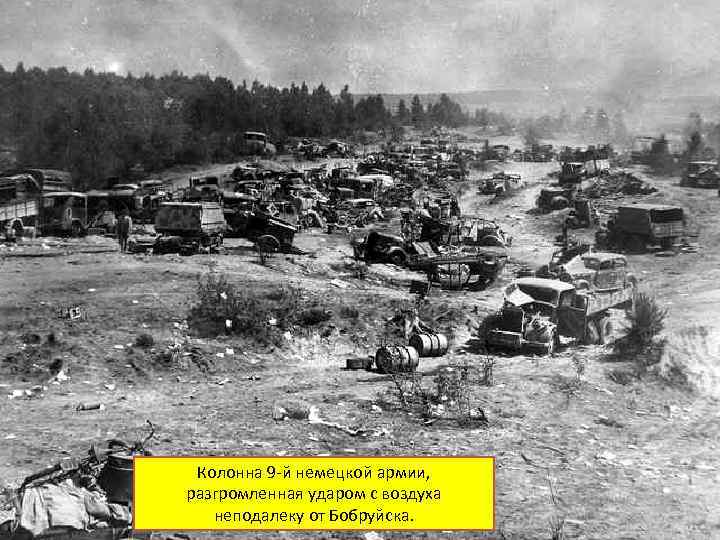 Колонна 9 -й немецкой армии, разгромленная ударом с воздуха неподалеку от Бобруйска. 