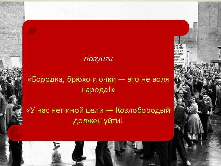 Лозунги «Бородка, брюхо и очки — это не воля народа!» «У нас нет иной