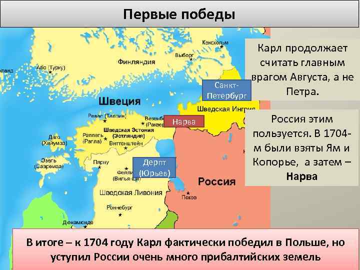 Первые победы Санкт. Петербург Нарва Дерпт (Юрьев) Карл продолжает считать главным врагом Августа, а