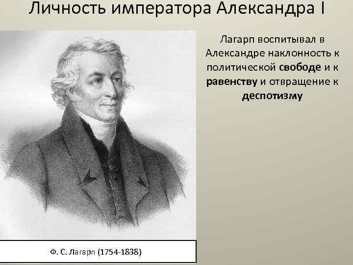 Личность императора Александра I Лагарп воспитывал в Александре наклонность к политической свободе и к