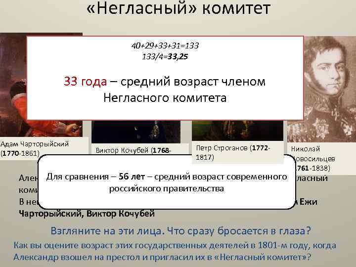  «Негласный» комитет 40+29+33+31=133 133/4=33, 25 33 года – средний возраст членом Негласного комитета