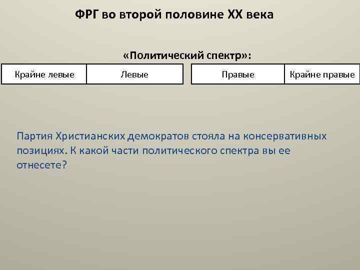 ФРГ во второй половине XX века «Политический спектр» : Крайне левые Левые Правые Крайне