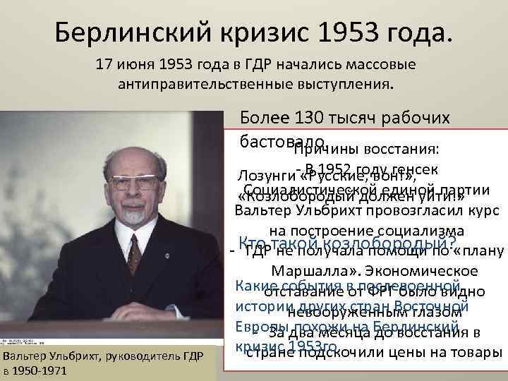 Гдр 1953 год. Берлинский кризис 1953 участники. Вальтер Ульбрихт внешняя политика. Кризис 1953 года в ГДР таблица.