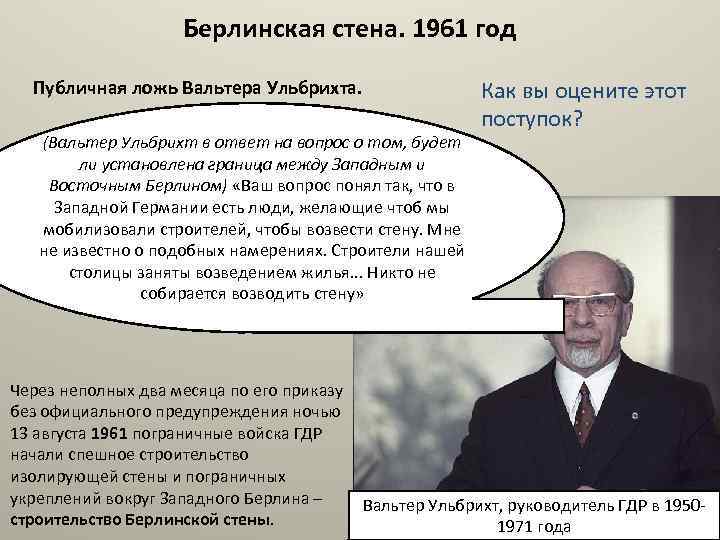 Берлинская стена. 1961 год Публичная ложь Вальтера Ульбрихта. (Вальтер Ульбрихт в ответ на вопрос