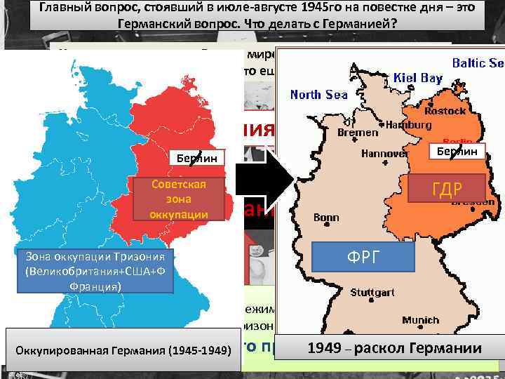 Главный вопрос, стоявший в июле-августе 1945 го на повестке дня – это Германский вопрос.