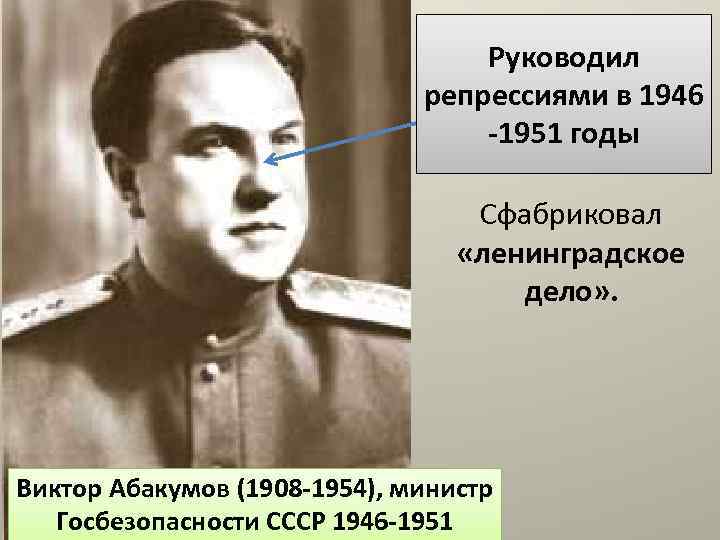 Руководил репрессиями в 1946 -1951 годы Сфабриковал «ленинградское дело» . Виктор Абакумов (1908 -1954),