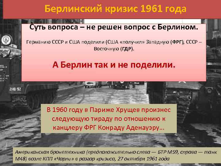 Берлинский кризис 1961 года Суть вопроса – не решен вопрос с Берлином. Германию СССР