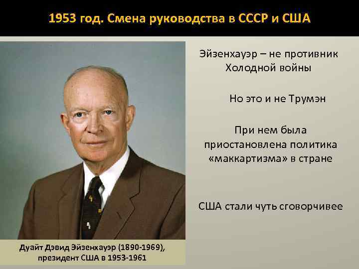 1953 год. Смена руководства в СССР и США Эйзенхауэр – не противник Холодной войны