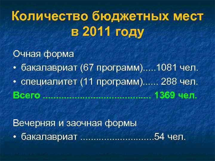 Количество бюджетных мест в 2011 году Очная форма • бакалавриат (67 программ). . .