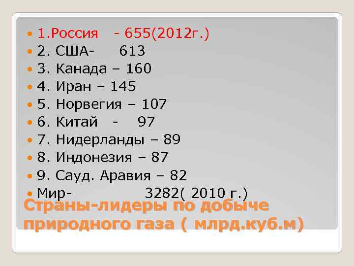 1. Россия - 655(2012 г. ) 2. США 613 3. Канада – 160 4.