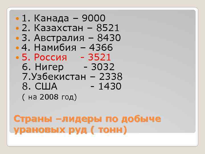  1. 2. 3. 4. 5. Канада – 9000 Казахстан – 8521 Австралия –