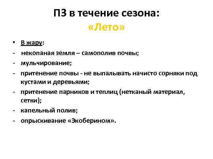 ПЗ в течение сезона: «Лето» В жару: некопаная земля – самополив почвы; мульчирование; притенение